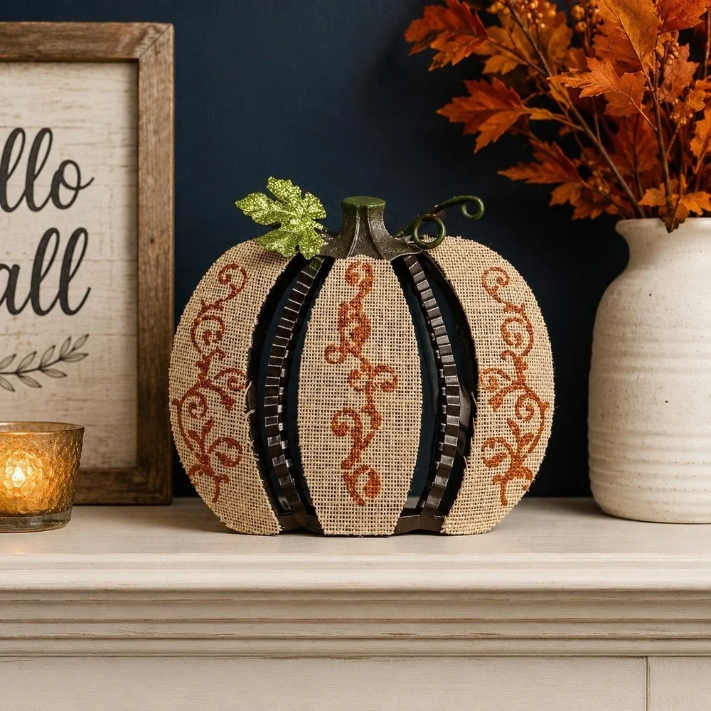 Metal Pumpkin Decoration Shelf Sitter Fall Table Mantle Farmhouse Rustic Burlap